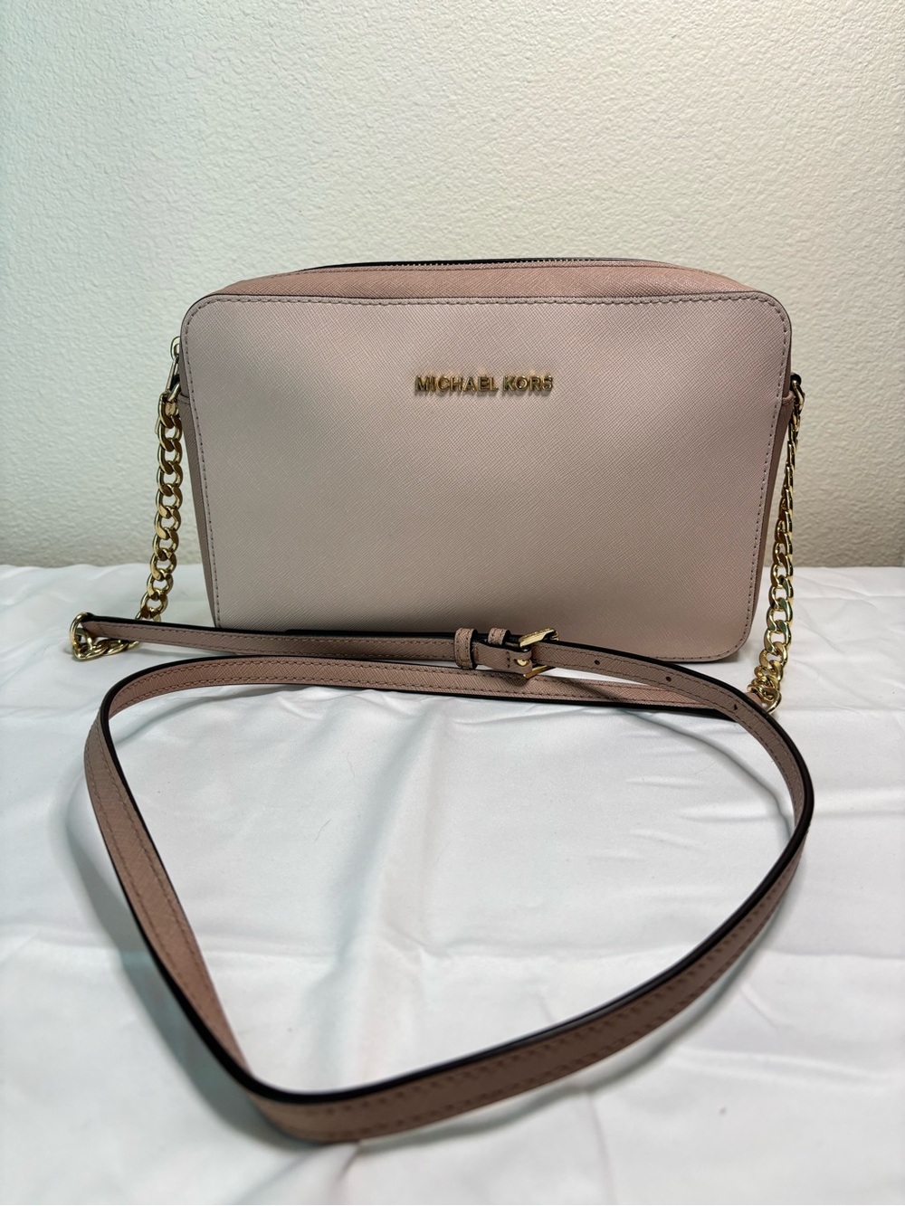 Michael Kors Pink Saffiano Leather Crossbody with Gold Chain